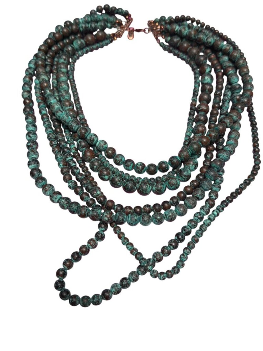 7 Strand Copper Patina Bead Necklace Different Size Beads 18" Statement Chunky
